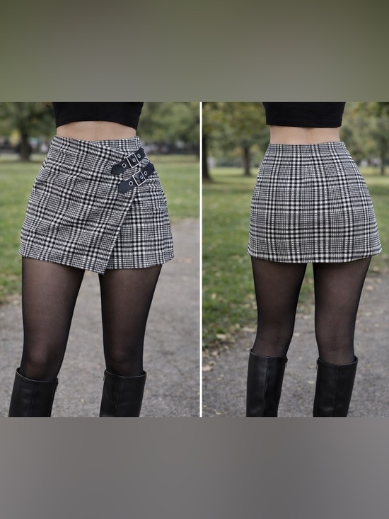 Windsor Dresses & Skirts - Windsor Black & White Plaid Wrap Mini Skirt with Buckle Straps